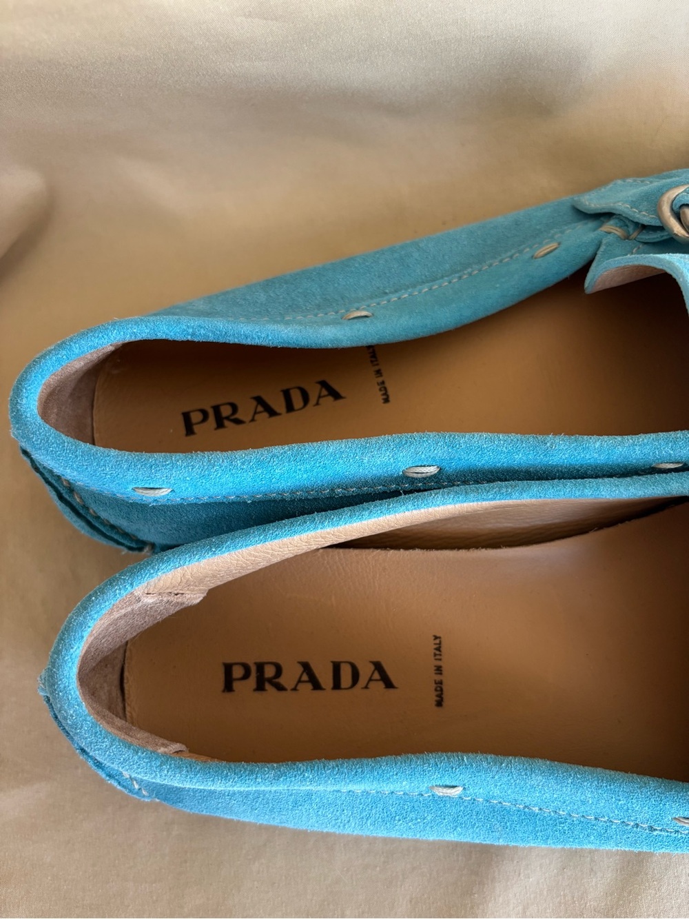 PRADA Turquoise Suede Buckle Loafers - Picture 3 of 7